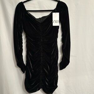 Ladies size M Zara black velvet bodycon ruched nino dress